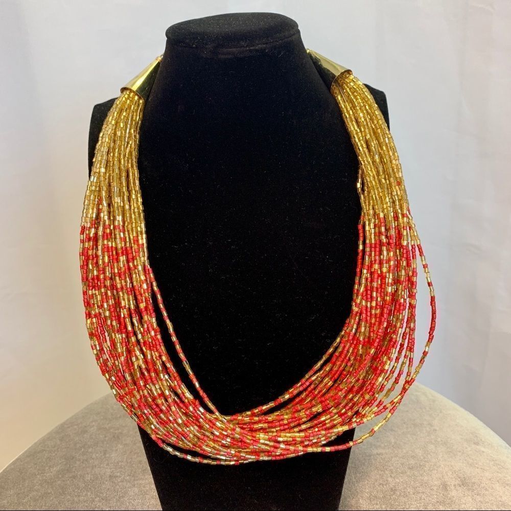 Beaded multi layered gold coral statement necklace